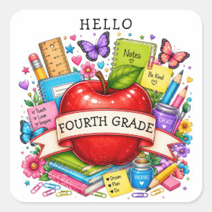 Hello Fourth Grade Retro Apple Square Sticker