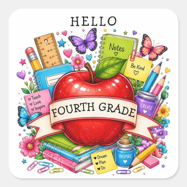 Hello Fourth Grade Retro Apple Square Sticker (Front)