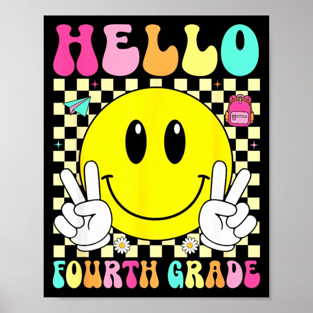 Hello fourth grade retro smile face back to school poster (Front)