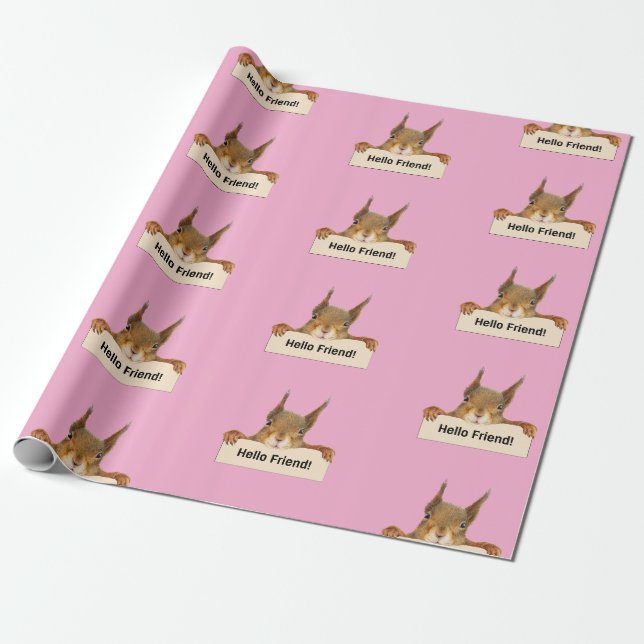 Hello Friend Funny Squirrel Holding Sign Wrapping Paper (Unrolled)