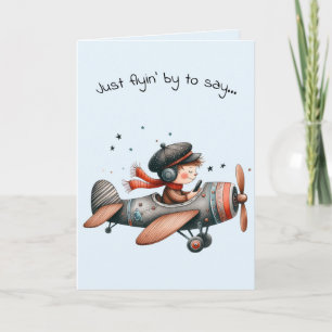 Hello Friendship Kid Flying Cute Propeller Plane Card