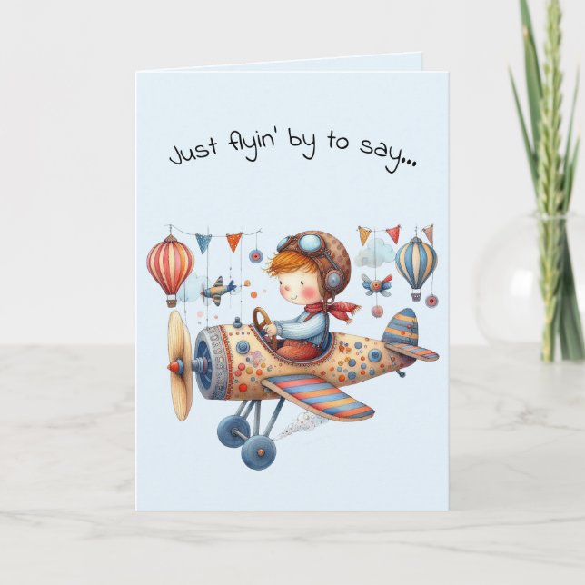 Hello Friendship Kid Flying Whimsical Plane Card (Front)