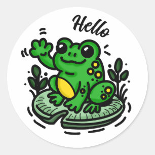 Hello   Frog on Lily Pad Hand Drawn Classic Round Sticker