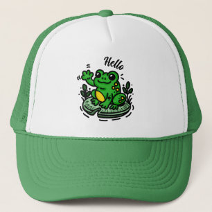 Hello Frog on Lily Pad Hand Drawn Trucker Hat