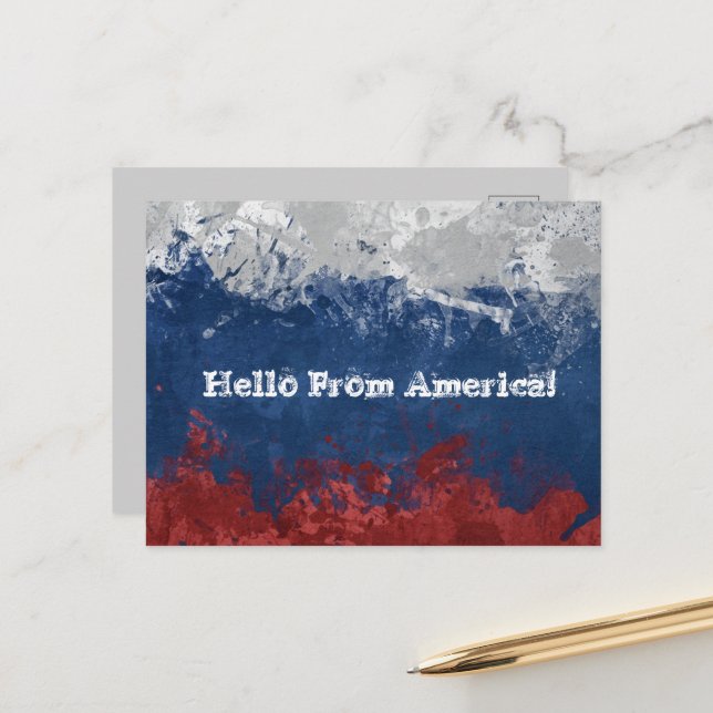 "Hello From America" Red White & Blue Postcards (Front/Back In Situ)