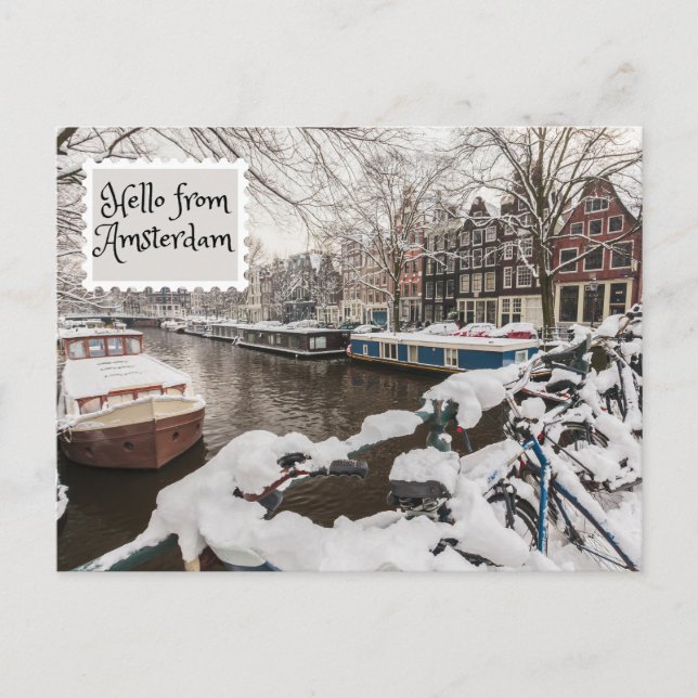 Hello from Amsterdam Winter Snow in the City Postcard (Front)