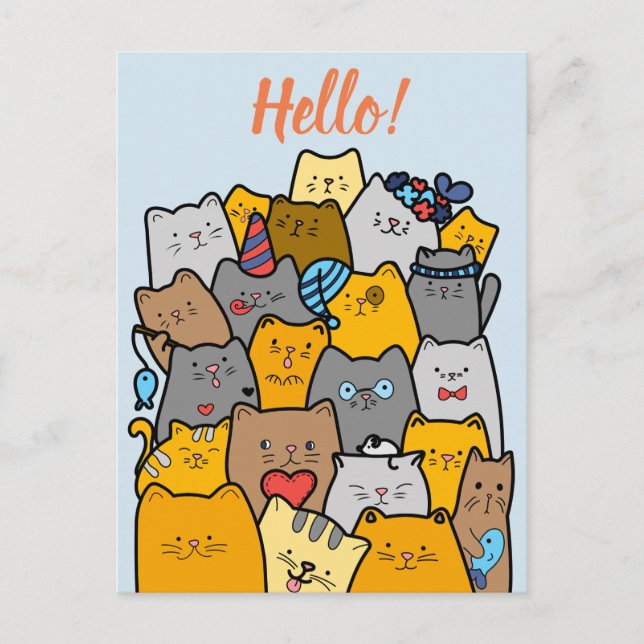 Hello!// Funny Cat Doodle Postcard (Front)