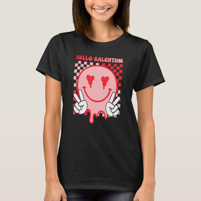 Hello Galentine Happy Face Love Hearts Eyes Valent T-Shirt (Front)