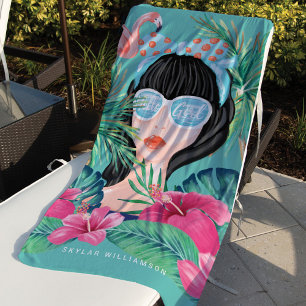 Hello Girl Beach Beauty Tropical Palm & Flamingo Towel