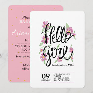 Hello girl cute floral typography baby shower invitation