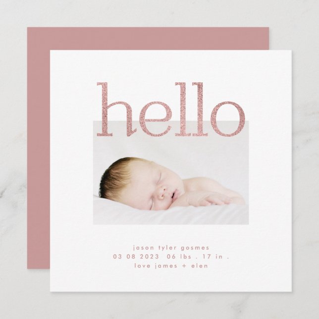 hello Glitter Pink Foil modern simple minimalistic Announcement (Front/Back)