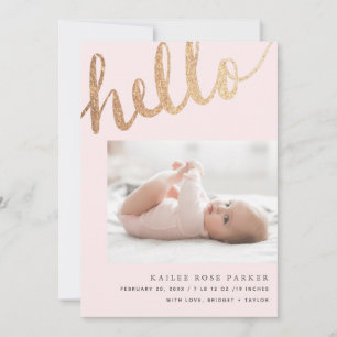Hello Gold and Pink Script Photo Birth Announcement