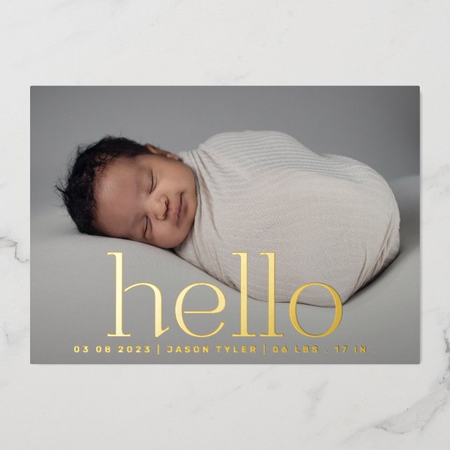 hello gold modern classy photo birth announcement (Front)