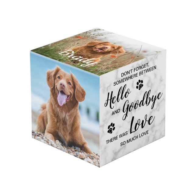 Hello Goodbye Dog Keepsake Pet Memorial Photo Cube (Front Angled)