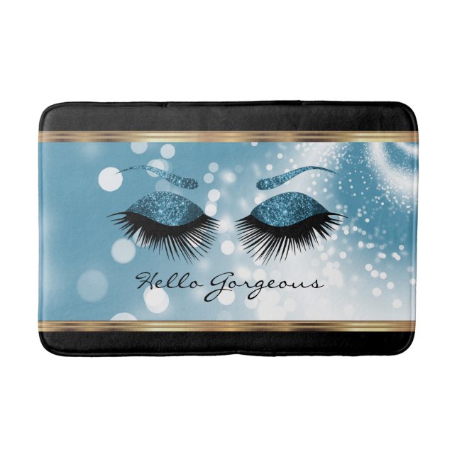 Hello Gorgeous - Beautiful Eyelashes with Blue Bath Mat (Front)
