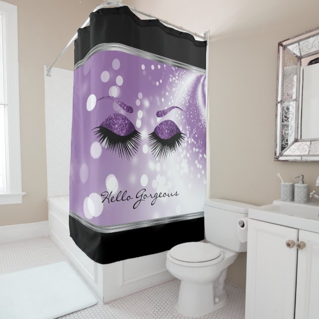Hello Gorgeous - Beautiful Eyelashes with Purple  Shower Curtain (In Situ)