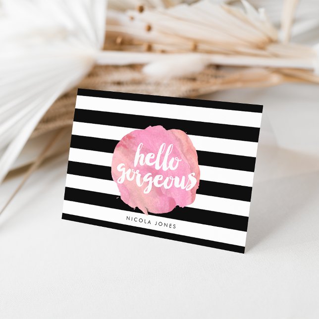 Hello Gorgeous Black Stripe & Pink Watercolor Card (Creator Uploaded)