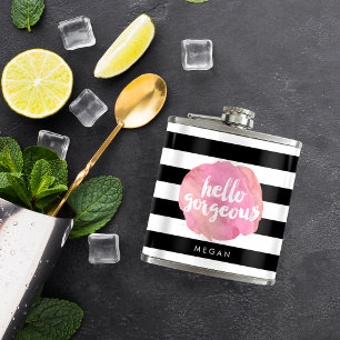 Hello Gorgeous Black Stripe & Pink Watercolor Hip Flask