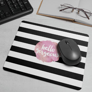 Hello Gorgeous Black Stripe & Pink Watercolor Mouse Pad