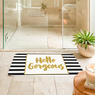Hello Gorgeous Black & White Gold Glitter Stripes Bath Mat