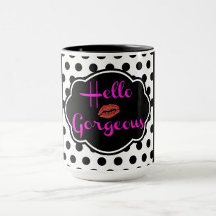 Hello Gorgeous Black White Polka Dot Hot Pink Mug
