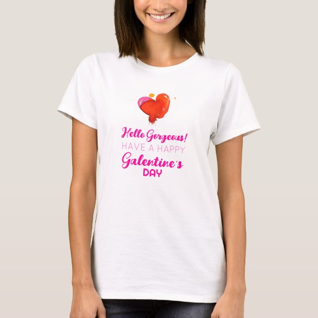 Hello Gorgeous Cute Red Heart Galentine Typography T-Shirt (Front)
