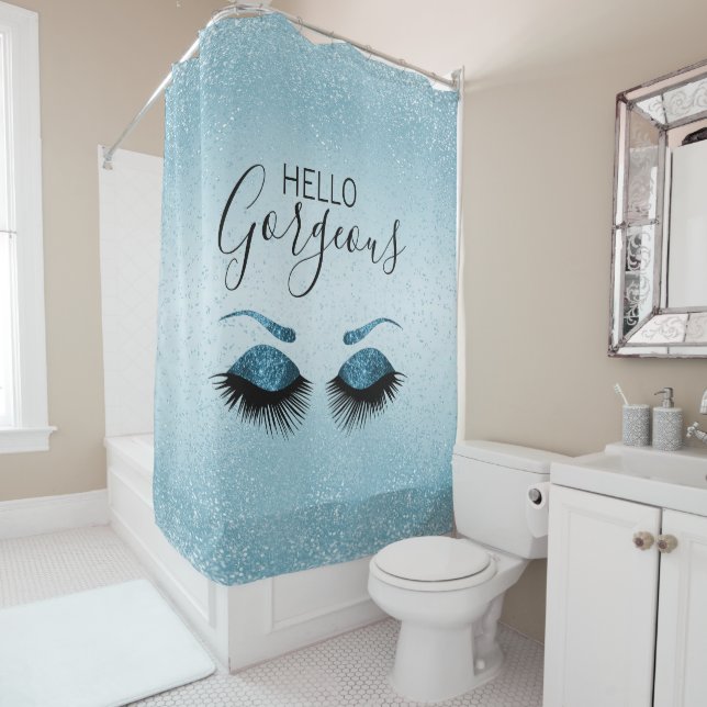 Hello Gorgeous - Eyelashes with Blue Glitter Shower Curtain (In Situ)
