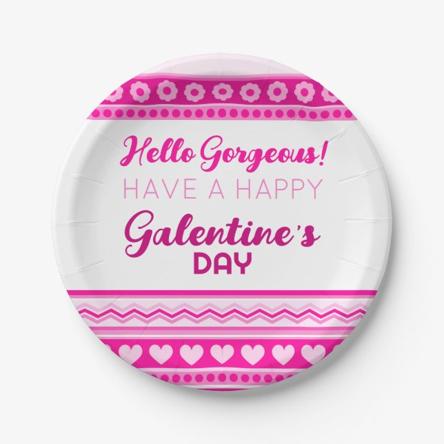 Hello Gorgeous Galentine’s Day Cute Pink Heart Paper Plate (Front)
