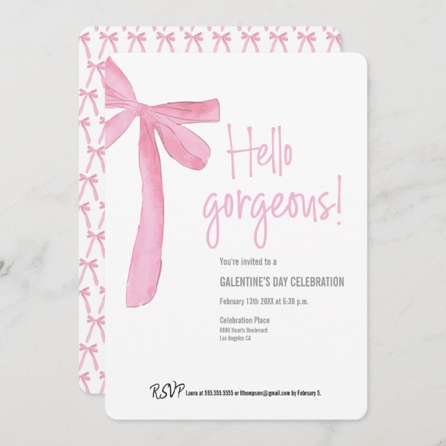 Hello Gorgeous Galentine's Day Pink Ribbon Bow Invitation (Front/Back)