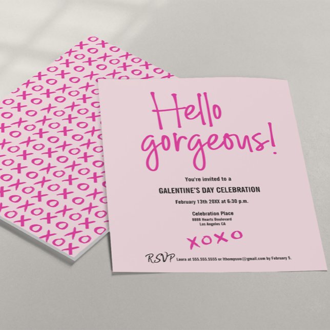 Hello gorgeous Galentine's Day xoxo pink custom Invitation (Hello Gorgeous! XOXO Galentine's day party invitation in pink and hot pink. Customizable fields.)