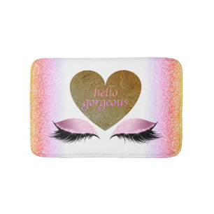 Hello Gorgeous Glam Makeup Eyelashes Gold Heart Bath Mat