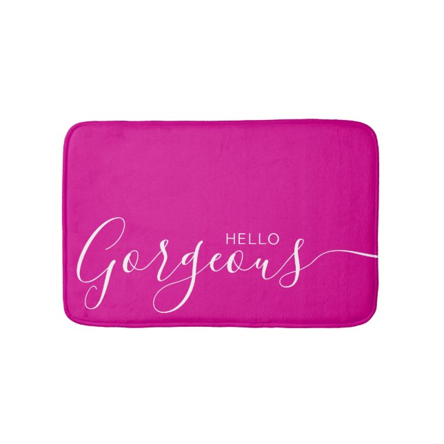 Hello Gorgeous Hot Pink White Minimalist  Bath Mat (Front)