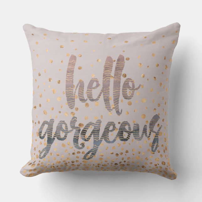 Hello Gorgeous Lilac Periwinkle Rose Gold Confetti Cushion (Front)