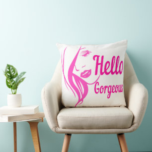 Hello Gorgeous Lovely Lady Face Drawing Typography Cushion