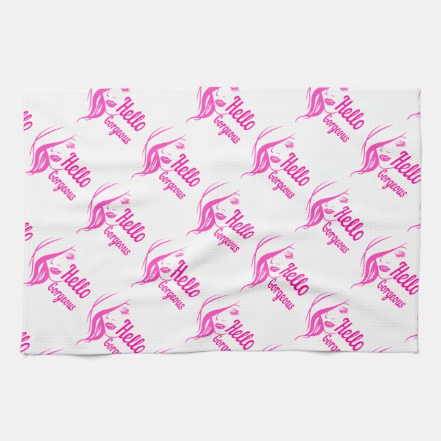 Hello Gorgeous Lovely Lady Face Drawing Typography Tea Towel (Horizontal)