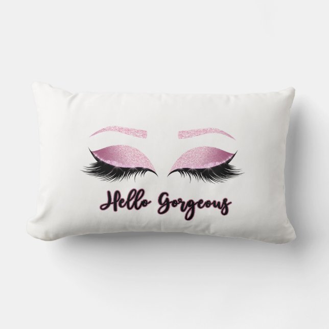 Hello Gorgeous Lumbar pillow in pink accents (Front)