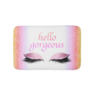Hello Gorgeous Makeup Eyelashes Pink Glitter Girly Bath Mat
