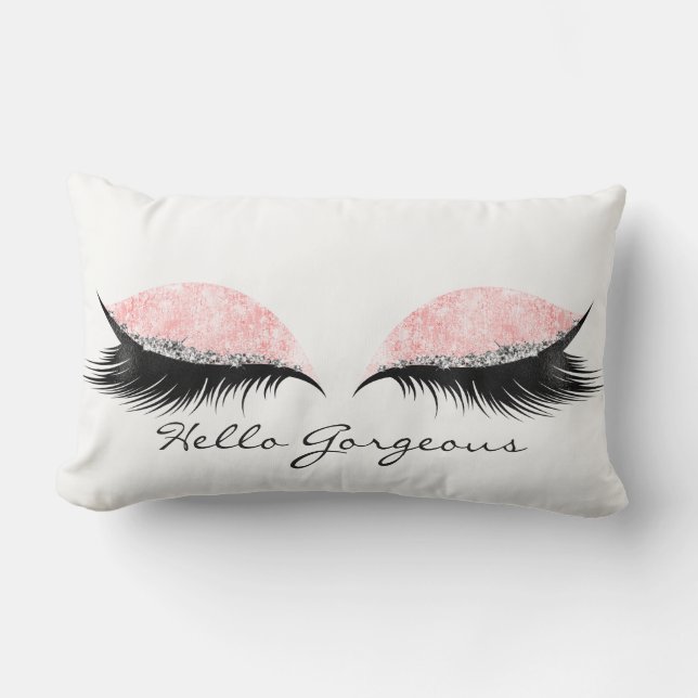 Hello Gorgeous Pink Rose Black Lashes Makeup Name Lumbar Cushion (Front)