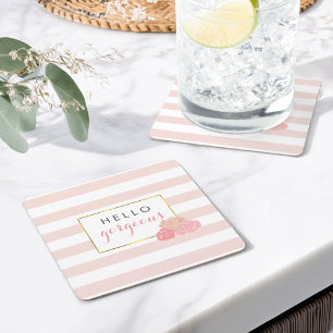 Hello Gorgeous Pink Stripe & Blush Peony Coasters