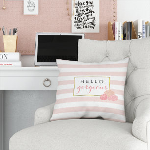 Hello Gorgeous Pink Stripe & Blush Peony Floral Cushion
