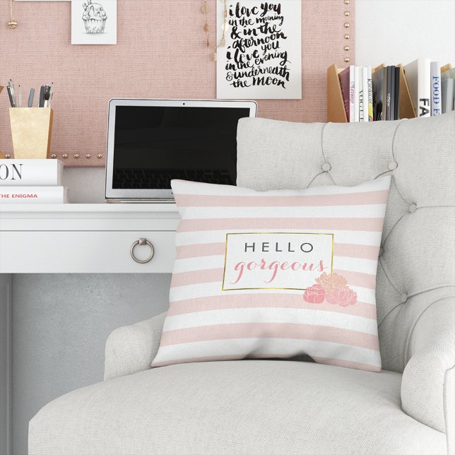 Hello Gorgeous Pink Stripe & Blush Peony Floral Cushion (Creator Uploaded)