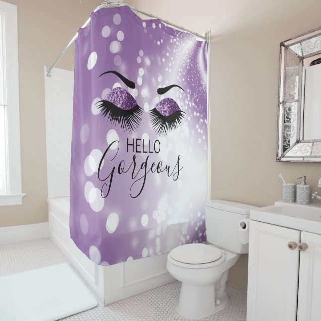 Hello Gorgeous Purple Glitter Eyes Shower Curtain (In Situ)
