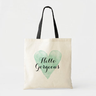 Hello gorgeous tote bag with mint watercolor heart