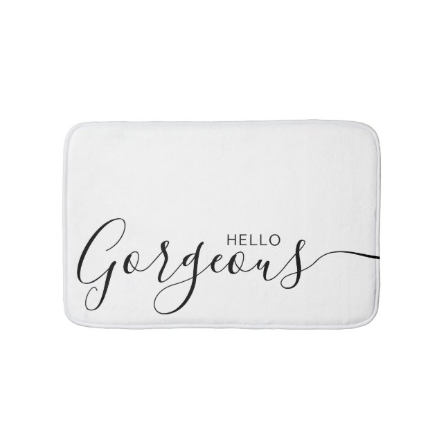 Hello Gorgeous White Black Minimalist Bath Mat (Front)