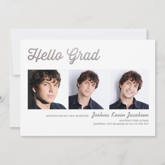 Hello Grad Silver Foil 3 Photo Graduation Invitation (Front)