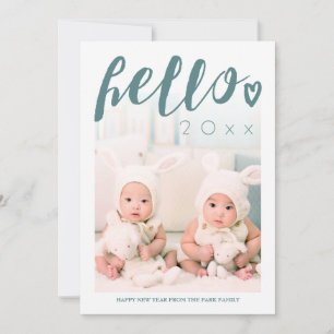 Hello Green Script Custom Photo Happy New Year Holiday Card