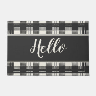 Hello Grey Black and Cream Buffalo Plaid Doormat