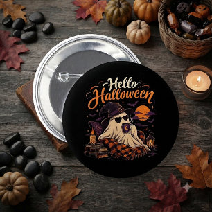 Hello Halloween Cute Ghost Drinking Coffee  6 Cm Round Badge
