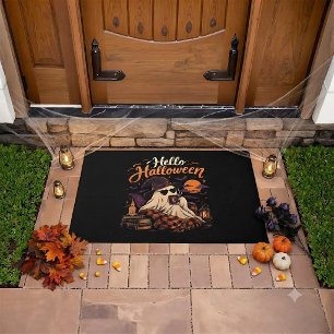 Hello Halloween Cute Ghost Drinking Coffee Doormat