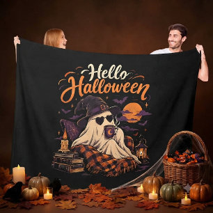 Hello Halloween Cute Ghost Drinking Coffee Fleece Blanket